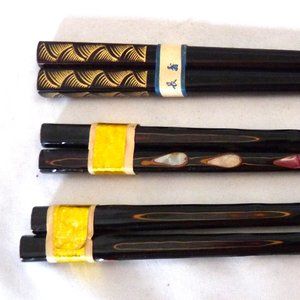 3 sets vintage chop sticks inlay child black lacquer gold pretty
